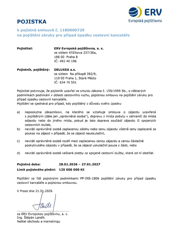 Pojištění cestovní kanceláře DELUXEA proti úpadku